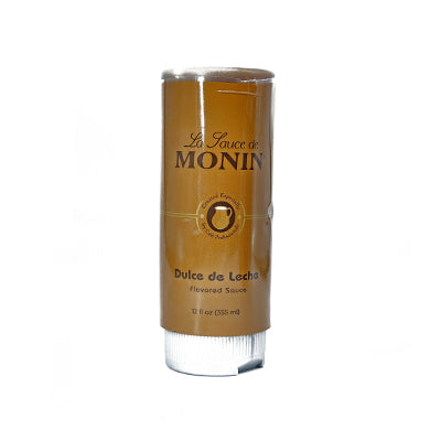 Front view of Monin Dulce de Leche flavored sauce 355 ml brown squeeze bottle