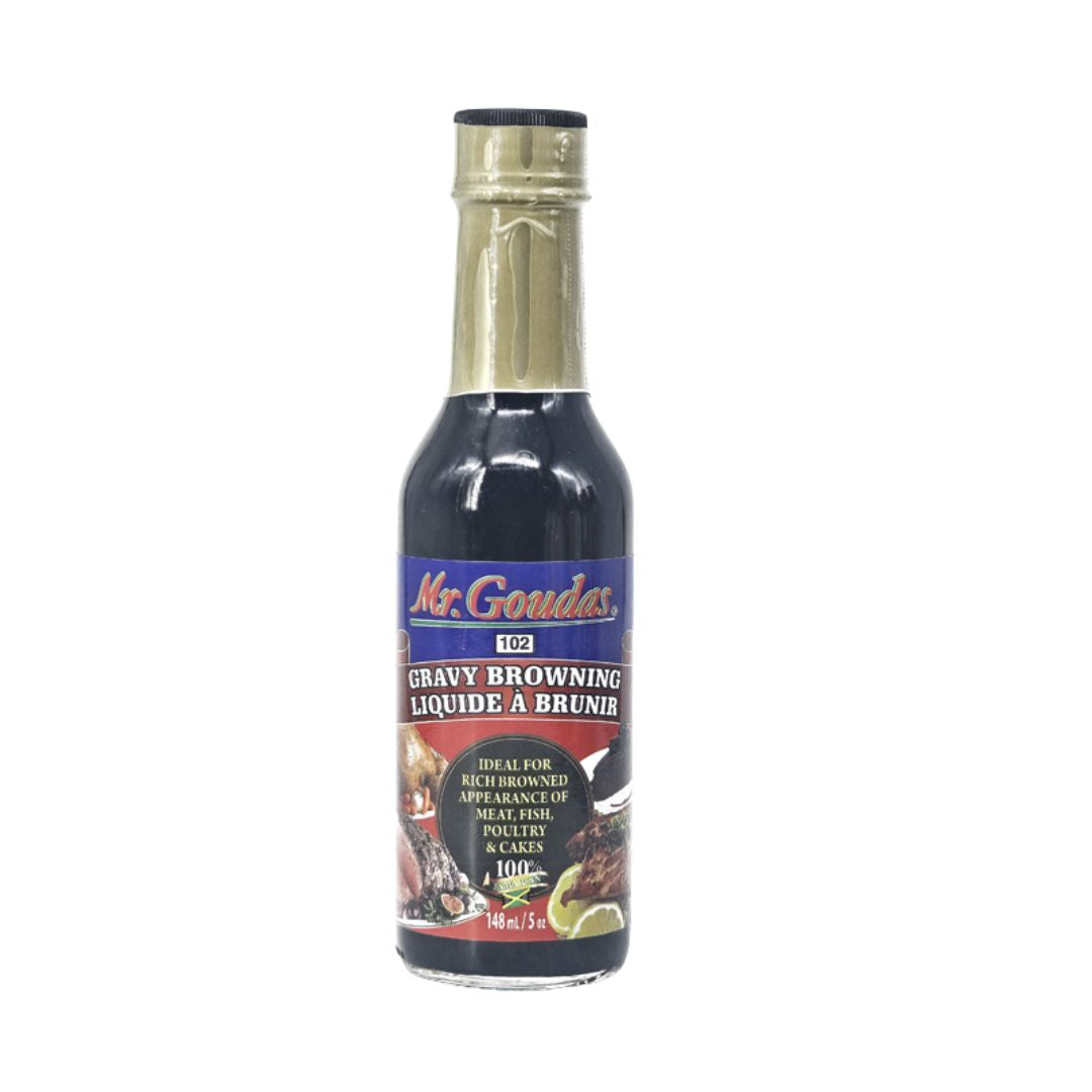Front view of Mr. Goudas Gravy Browning 148mL bottle for meat and poultry