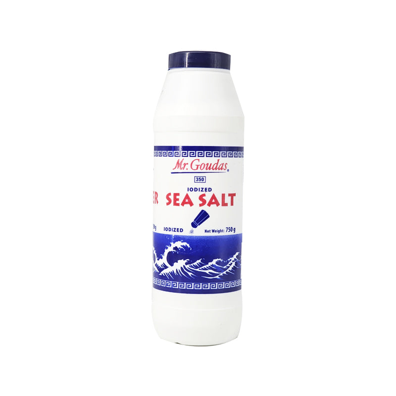 A 750g white shaker bottle of Mr. Goudas Iodized Sea Salt with blue wave graphics.
