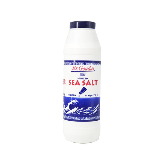 A 750g white shaker bottle of Mr. Goudas Iodized Sea Salt with blue wave graphics.