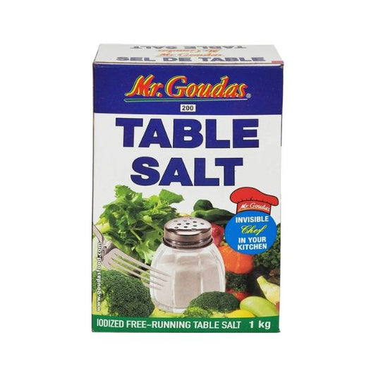 A 1kg blue and white box of Mr. Goudas Iodized Table Salt featuring a shaker and fresh vegetables.