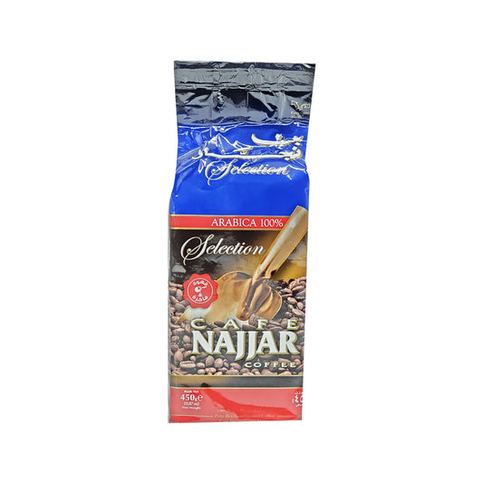 Front view of Najjar Selection 100% Arabica Plain Coffee 450g blue and gold bag