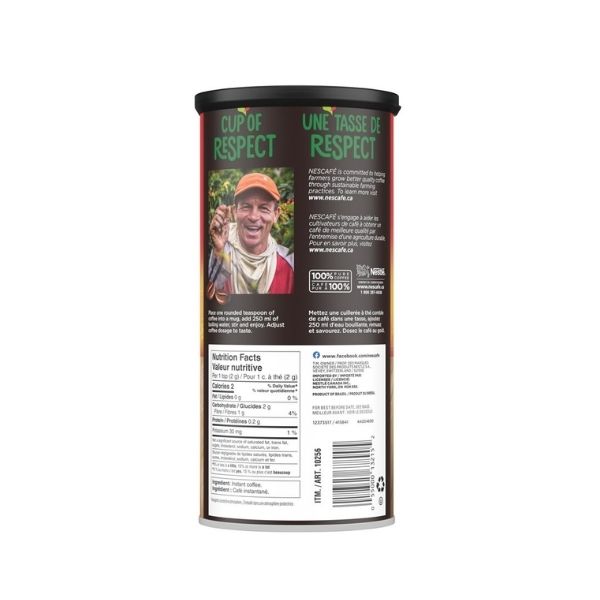 Close-up of the nutrition facts and 100% pure coffee ingredient statement on the jar.