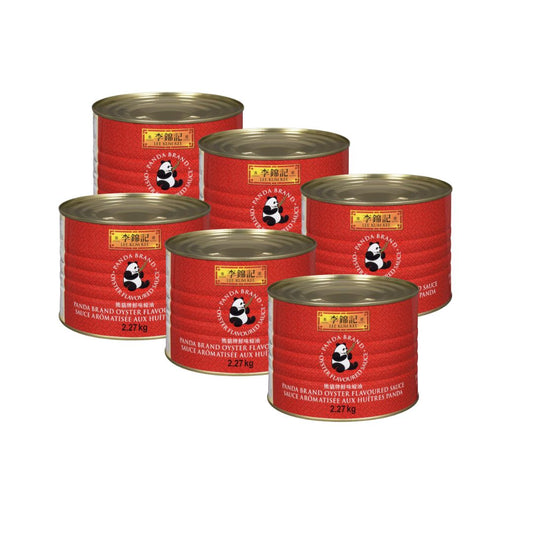 Side view of the 2.27kg oyster sauce tin showing commercial food service labeling