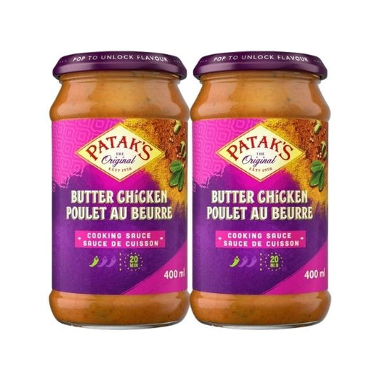Single 400ml jar of Patak's Butter Chicken Cooking Sauce on a white background