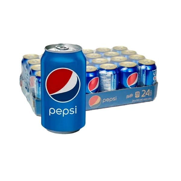 A 24-pack of Pepsi 355mL cans in blue plastic wrap for bulk wholesale.