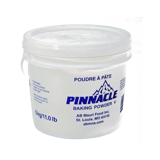 Front view of a 5kg Pinnacle Double-Acting Baking Powder white pail with blue lettering.