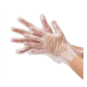Case of PPP Deli Poly Gloves, Medium size, showing "Deli Gloves/Gants," "MED" hand symbol, "10 PACKS/CASE," "500 PCS/PACK," barcode, and "Made in PRC