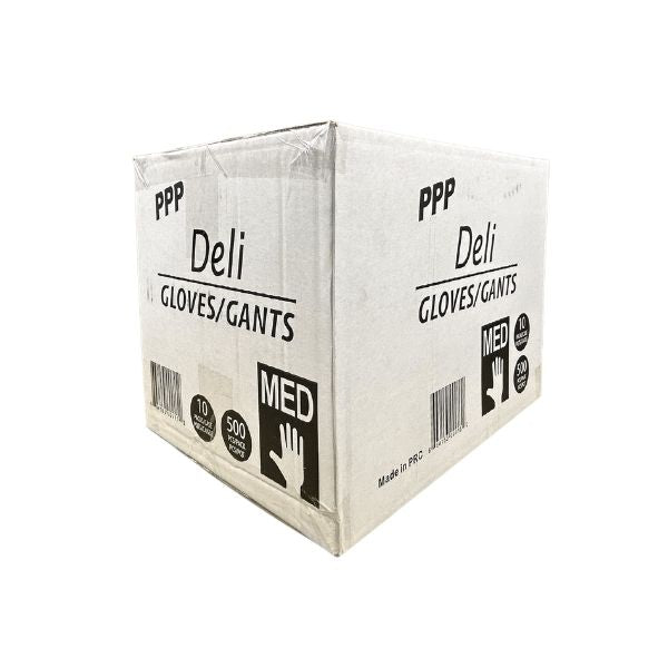 Close-up view of the PPP Deli Poly Gloves case showing the barcode, "MED" symbol, "10 PACKS/CASE," "500 PCS/PACK," and a yellow sticky note with handwritten dimensions L 13.5, W 10, H 10 and Weight