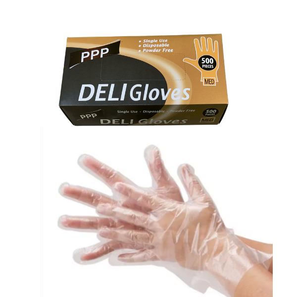 Front of dispenser box of PPP single-use, disposable, powder-free deli gloves, Medium size, 500 pieces