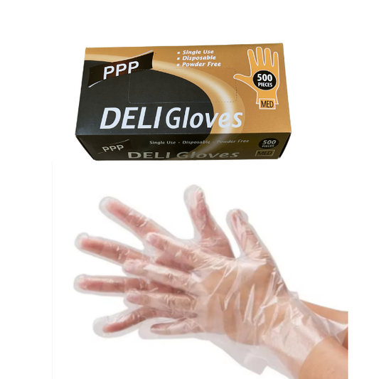 Front of dispenser box of PPP single-use, disposable, powder-free deli gloves, Medium size, 500 pieces