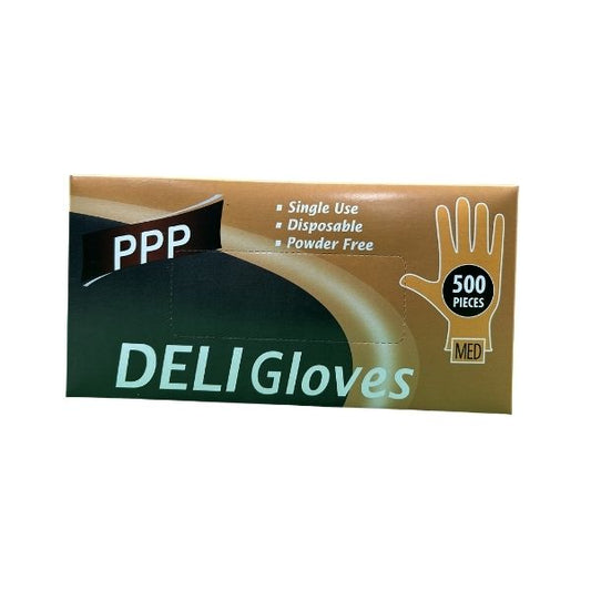 Case of PPP Deli Poly Gloves, Medium size, showing "Deli Gloves/Gants," "MED" hand symbol, "10 PACKS/CASE," "500 PCS/PACK," barcode, and "Made in PRC