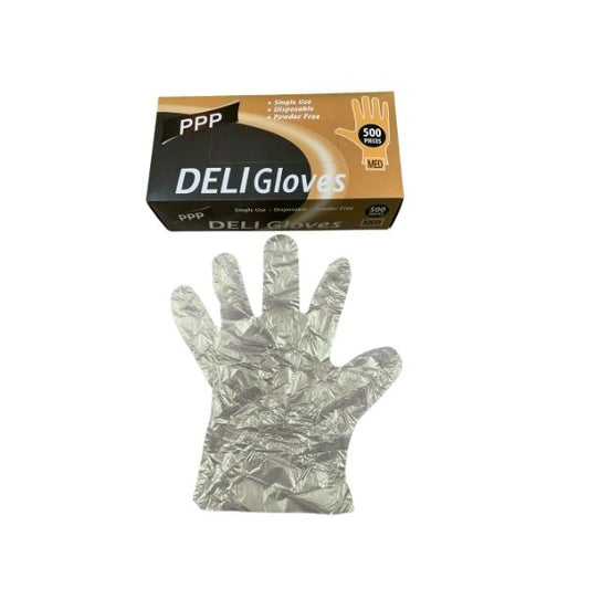 Close-up view of the PPP Deli Poly Gloves case showing the barcode, "MED" symbol, "10 PACKS/CASE," "500 PCS/PACK," and a yellow sticky note with handwritten dimensions L 13.5, W 10, H 10 and Weight