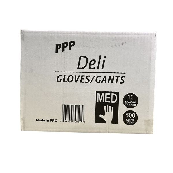 Close-up view of the PPP Deli Poly Gloves case showing the barcode, "MED" symbol, "10 PACKS/CASE," "500 PCS/PACK," and a yellow sticky note with handwritten dimensions L 13.5, W 10, H 10 and Weight