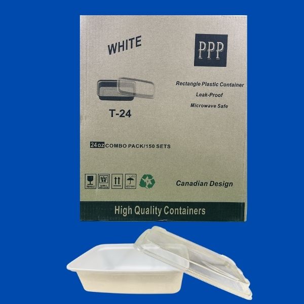 A single white rectangular plastic food container with its matching clear lid, shown slightly open, against a white background