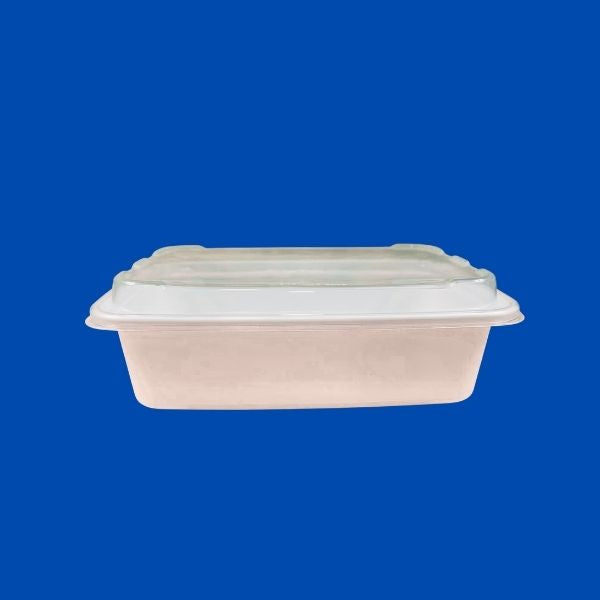 A single white rectangular plastic food container with its matching clear lid, shown slightly open, against a white background
