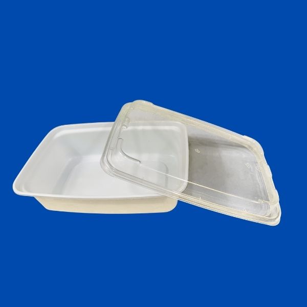 A single white rectangular plastic food container with its matching clear lid, shown slightly open, against a white background