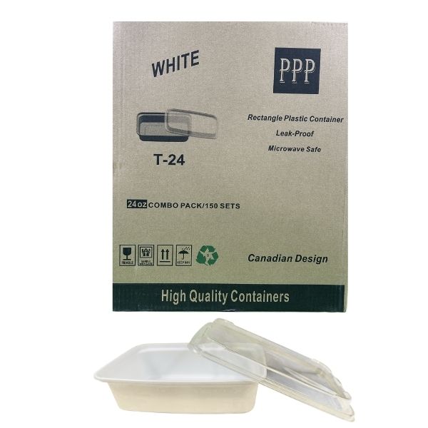 A single white rectangular plastic food container with its matching clear lid, shown slightly open, against a white background