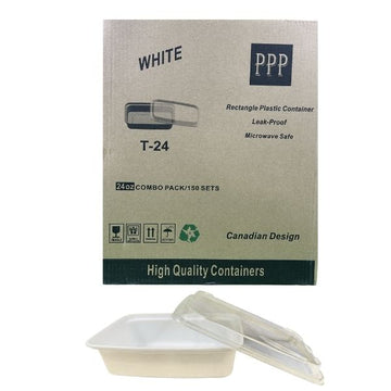 A single white rectangular plastic food container with its matching clear lid, shown slightly open, against a white background