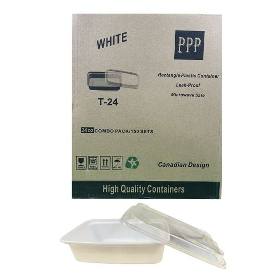 A single white rectangular plastic food container with its matching clear lid, shown slightly open, against a white background