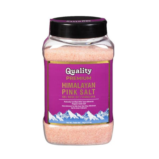 A 500g shaker jar of Quality Premium Himalayan Pink Salt featuring regular grain crystals and a black lid.