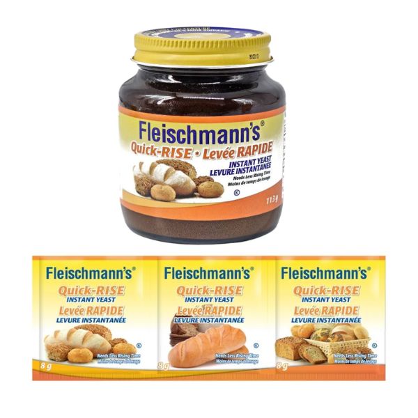 Fleischmann’s Quick-Rise Instant Yeast available in an 8g sachet and a 113g glass jar