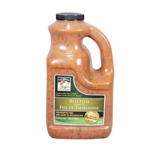 red thai sauce label showing thai inspired coconut sauce

