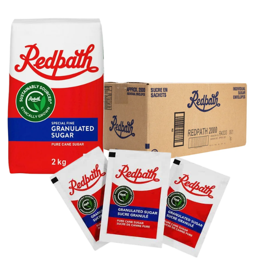 Redpath granulated sugar available in 2kg bags and 1000 count single-serve packet boxes