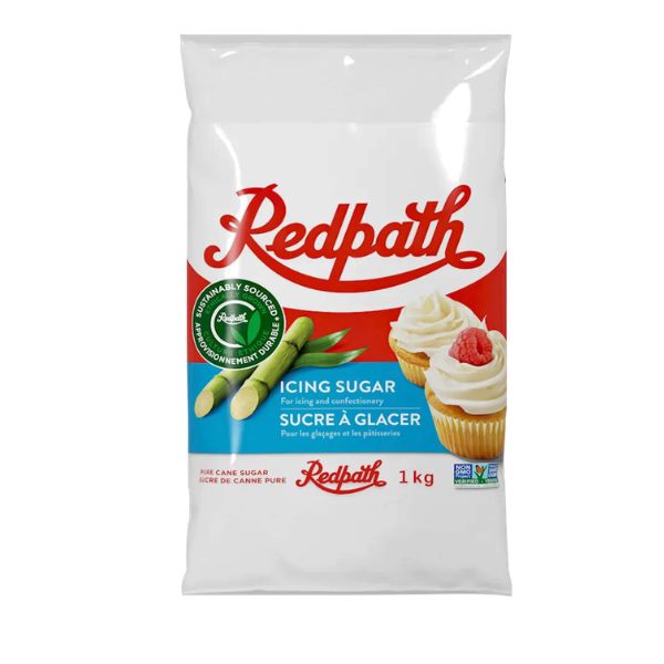 1 kg bag of Redpath Icing Sugar showing sustainably sourced and vegan friendly labels.