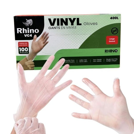Rhino VC4 vinyl gloves large powder free disposable gloves 100 pack