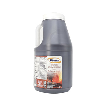 Front view of Richardson Ultimate Smoky Barbecue Sauce 4L jug with ergonomic handle.