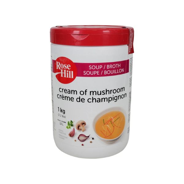 A 1kg tub of Rose Hill Cream of Mushroom Soup and Broth mix with a red lid and professional labeling