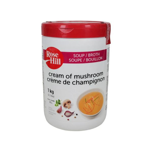 A 1kg tub of Rose Hill Cream of Mushroom Soup and Broth mix with a red lid and professional labeling
