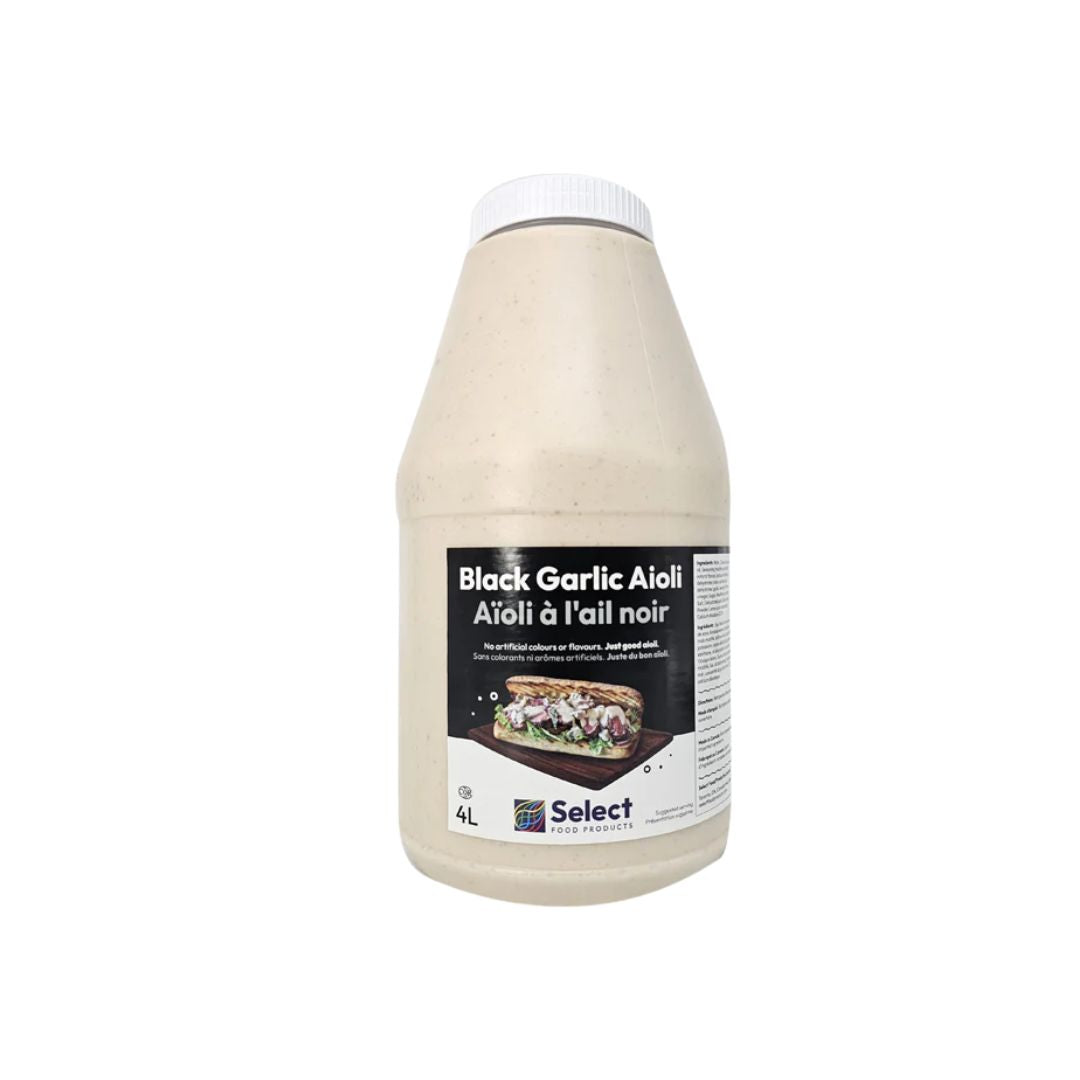 4 liter bulk jug of Select Food Products Black Garlic Aioli for professional kitchens.