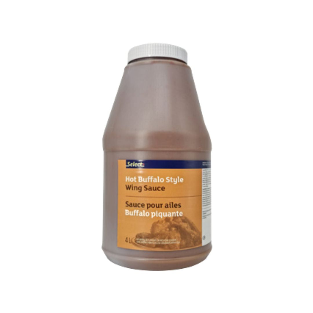 4 liter bulk jug of Select Hot Buffalo Style Wing Sauce for professional food service