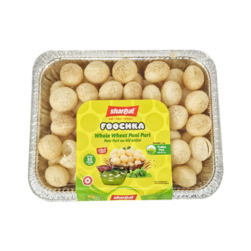 Top view of Shareat Foochka Whole Wheat Pani Puri in a 60 count foil tray