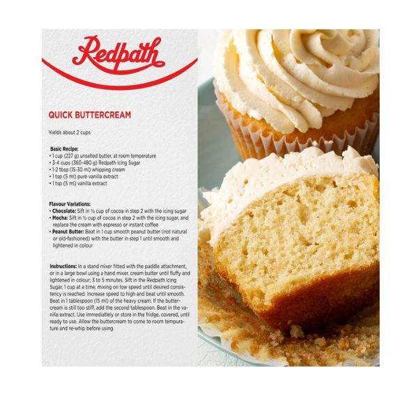 Detailed view of Redpath pure cane sugar recipe for quick buttercream on packaging.