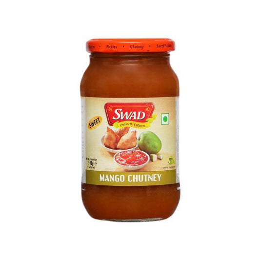 A 500g jar of Swad Sweet Mango Chutney featuring a green mango and samosas on the label.