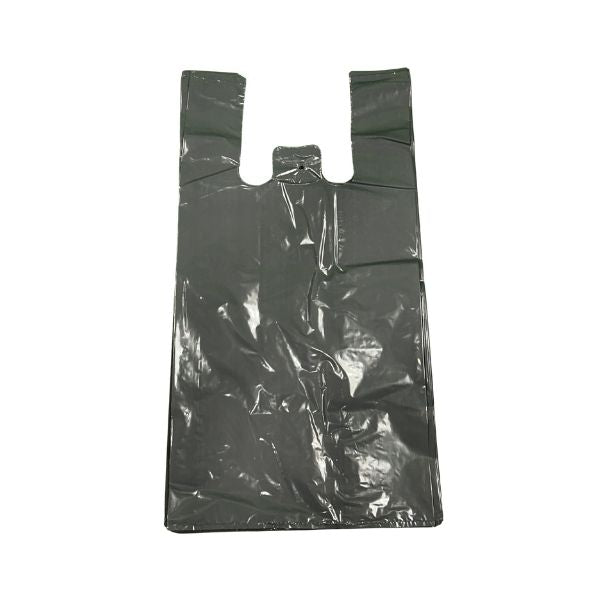 A single heavy-duty grey plastic t-shirt bag with handles, showing a high-gloss, opaque finish for secure retail and restaurant use.