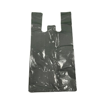 A single heavy-duty grey plastic t-shirt bag with handles, showing a high-gloss, opaque finish for secure retail and restaurant use.