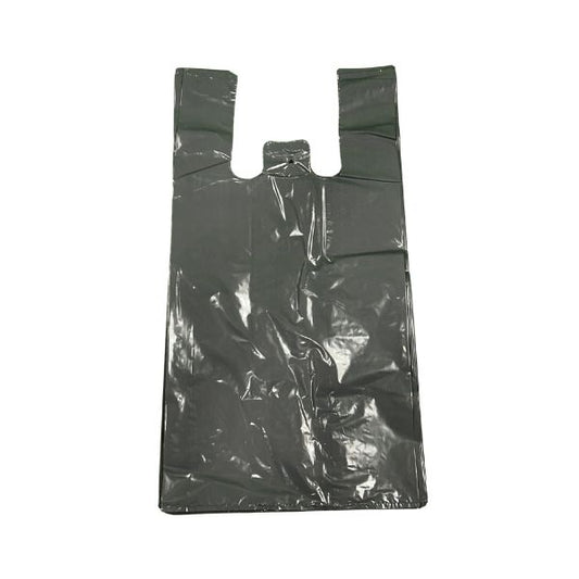 A single heavy-duty grey plastic t-shirt bag with handles, showing a high-gloss, opaque finish for secure retail and restaurant use.