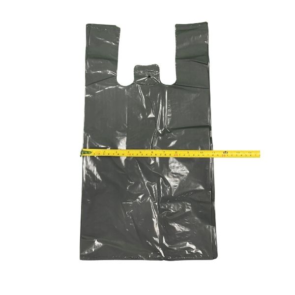A single heavy-duty grey plastic t-shirt bag with handles, showing a high-gloss, opaque finish for secure retail and restaurant use.