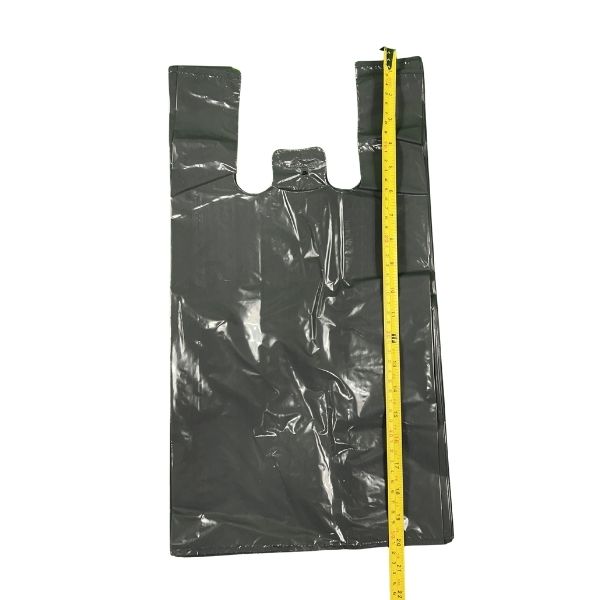 A single heavy-duty grey plastic t-shirt bag with handles, showing a high-gloss, opaque finish for secure retail and restaurant use.