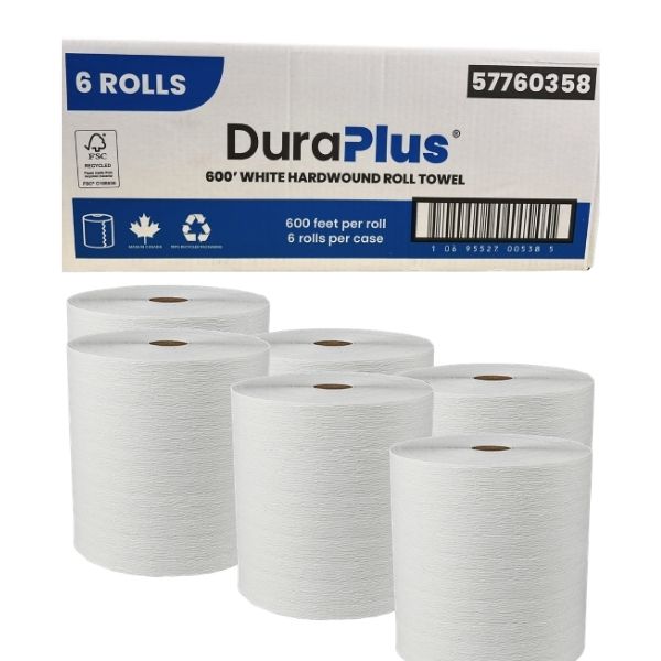 DuraPlus 600 feet white hardwound roll towel 6 rolls case packaging