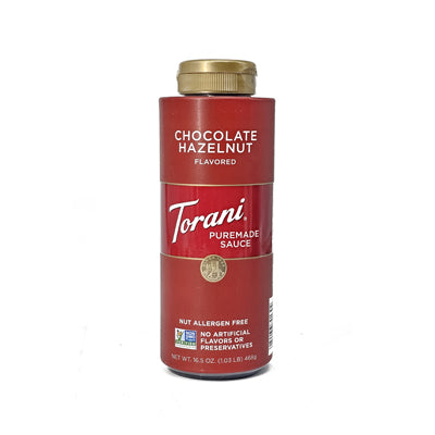 Front view of Torani Chocolate Hazelnut Puremade Sauce 0.468 kg red squeeze bottle.