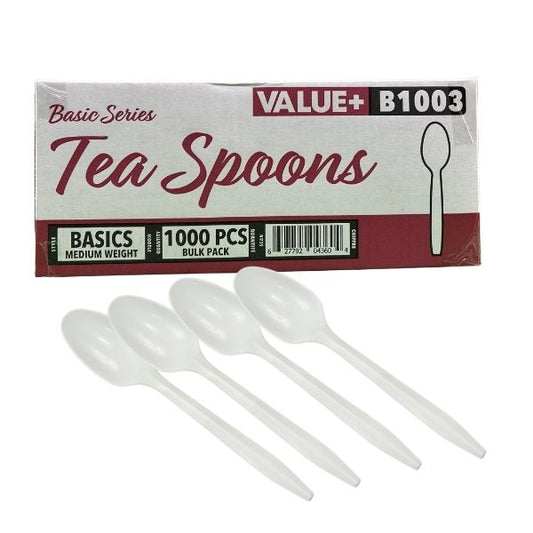 White plastic spoons used for stirring coffee and serving desserts