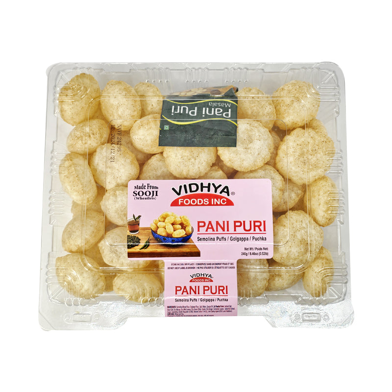 Vidhya Foods Pani Puri Sooji Puffs in a 0.24 kg clear tray with Masala packet
