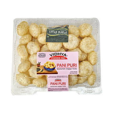 Vidhya Foods Pani Puri Sooji Puffs in a 0.24 kg clear tray with Masala packet