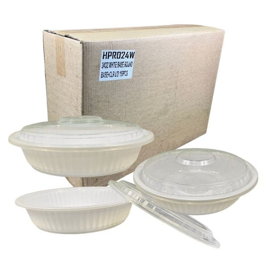 A case of Codfour 24oz White Round Takeout Containers with two complete sets shown against a white background