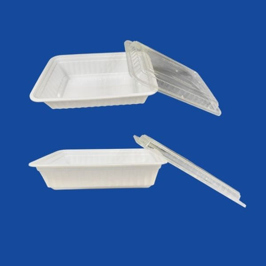 Top-down comparison shot against a blue background, showing one 32oz rectangular base open and one closed with clear lid